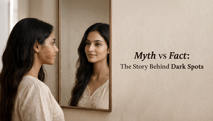 A woman with visible dark spots on her cheek looks at herself in a mirror, where her reflection appears with clear, smooth skin. On the right side, text reads “Myth vs Fact: The Story Behind Dark Spots.