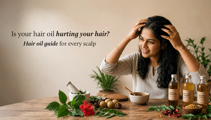 A woman massages her scalp with hair oil, smiling surrounded by natural ingredients and oil bottles. Text reads "Is your hair oil hurting your hair?"