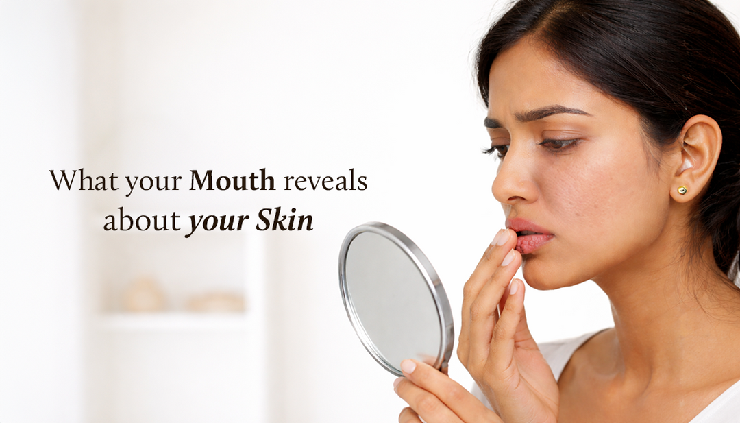 A woman looking into a handheld mirror while touching her lips, with text reading “What your Mouth reveals about your Skin,” highlighting the connection between oral health and skin appearance.