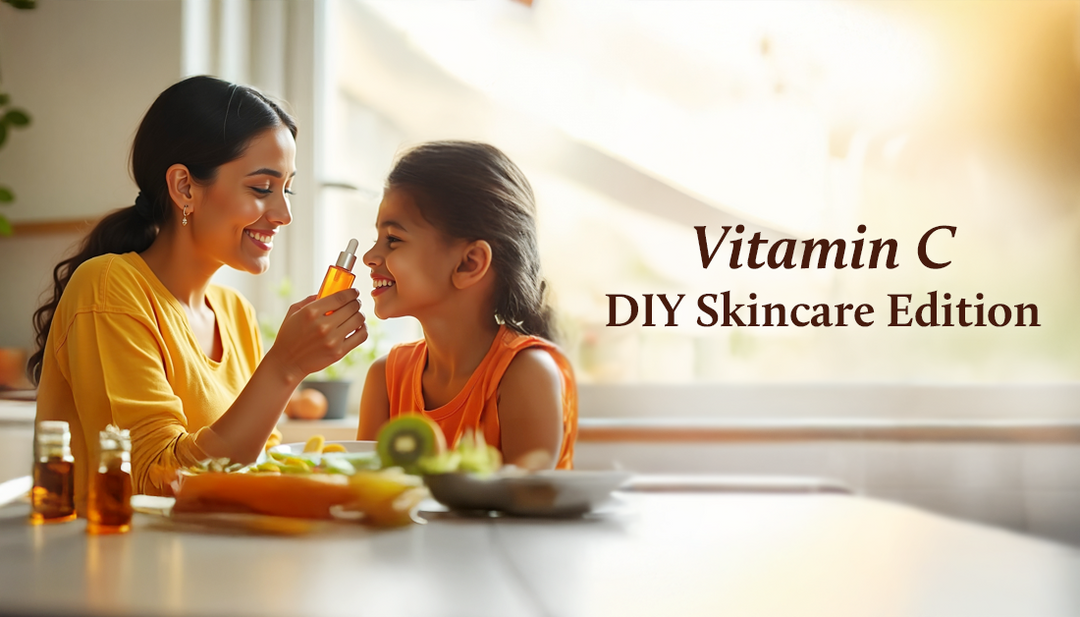 A smiling mother shows a DIY Vitamin C serum bottle to her cheerful daughter, sharing a sweet moment of curiosity and joy.