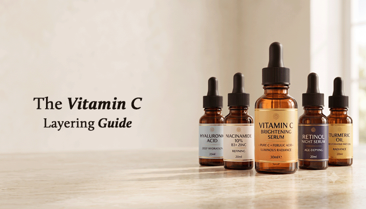 Vitamin C layering guide beside five amber skincare serum dropper bottles labeled hyaluronic acid, niacinamide, vitamin C, retinol, and turmeric.