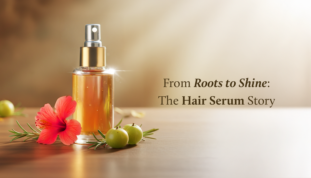 Hair serum bottle with amla's and hibiscus flower is on wooden table 