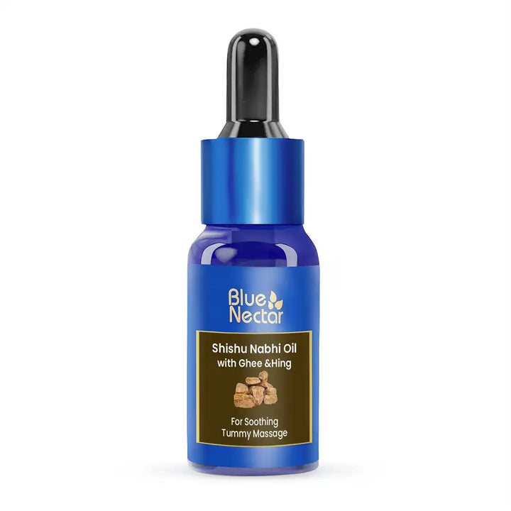 Blue Nectar Shishu Nabhi Oil in a blue glass dropper bottle with a black cap, on a white background.