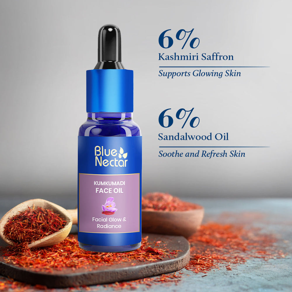 Kumkumadi Face Serum bottle with dropper placed on a surface next to brown seeds, highlighting 6% Active complex.