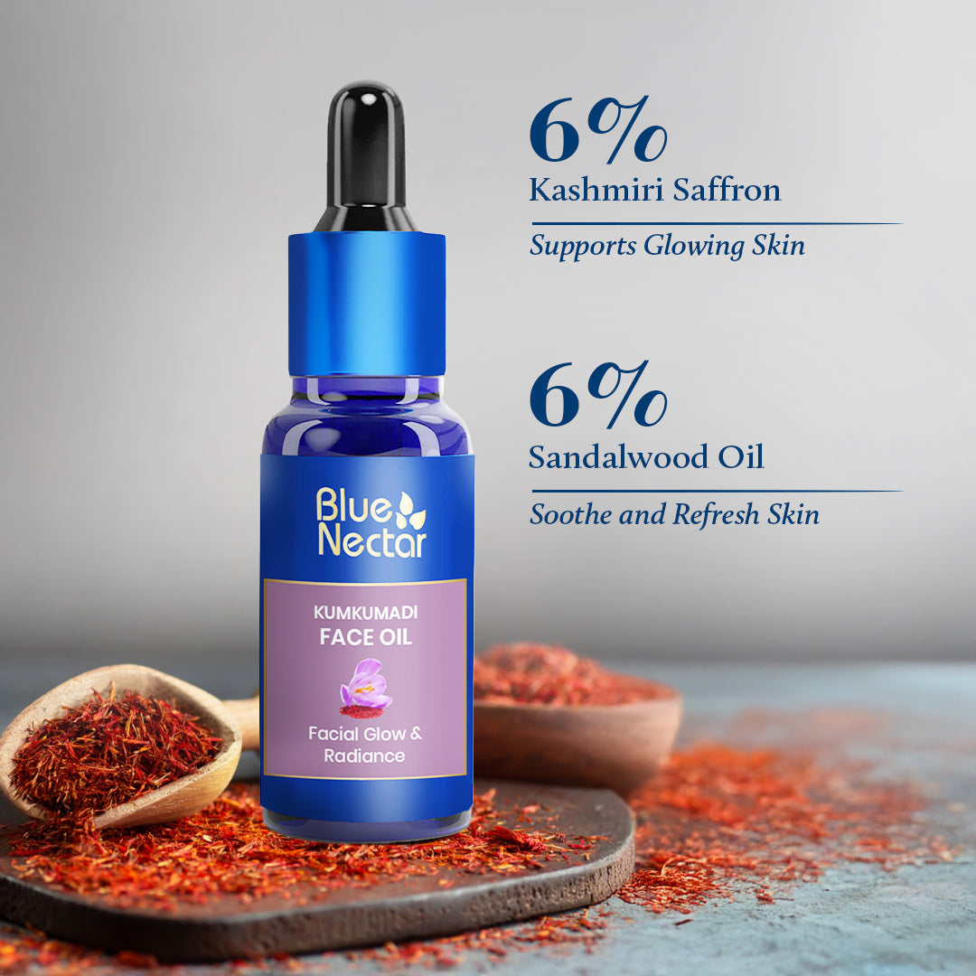 Kumkumadi Face Serum bottle with dropper placed on a surface next to brown seeds, highlighting 6% Active complex.