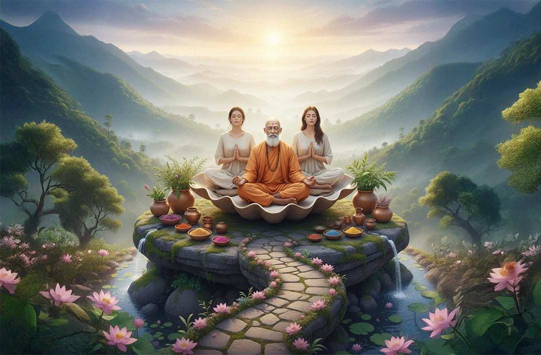 Three people in orange robes sitting on a stone platform with mountains and flowers in the background