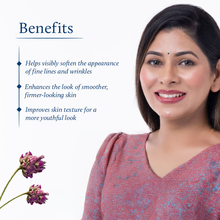 Smiling woman with listed benefits of Blue Nectar Bakuchi Face Serum