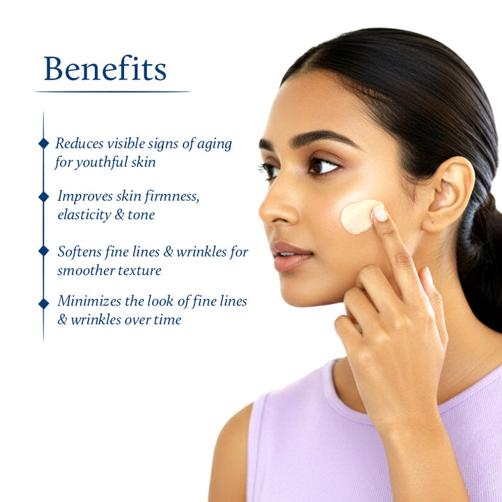 Woman applying cream to her face with for anti aging benefits on a white background