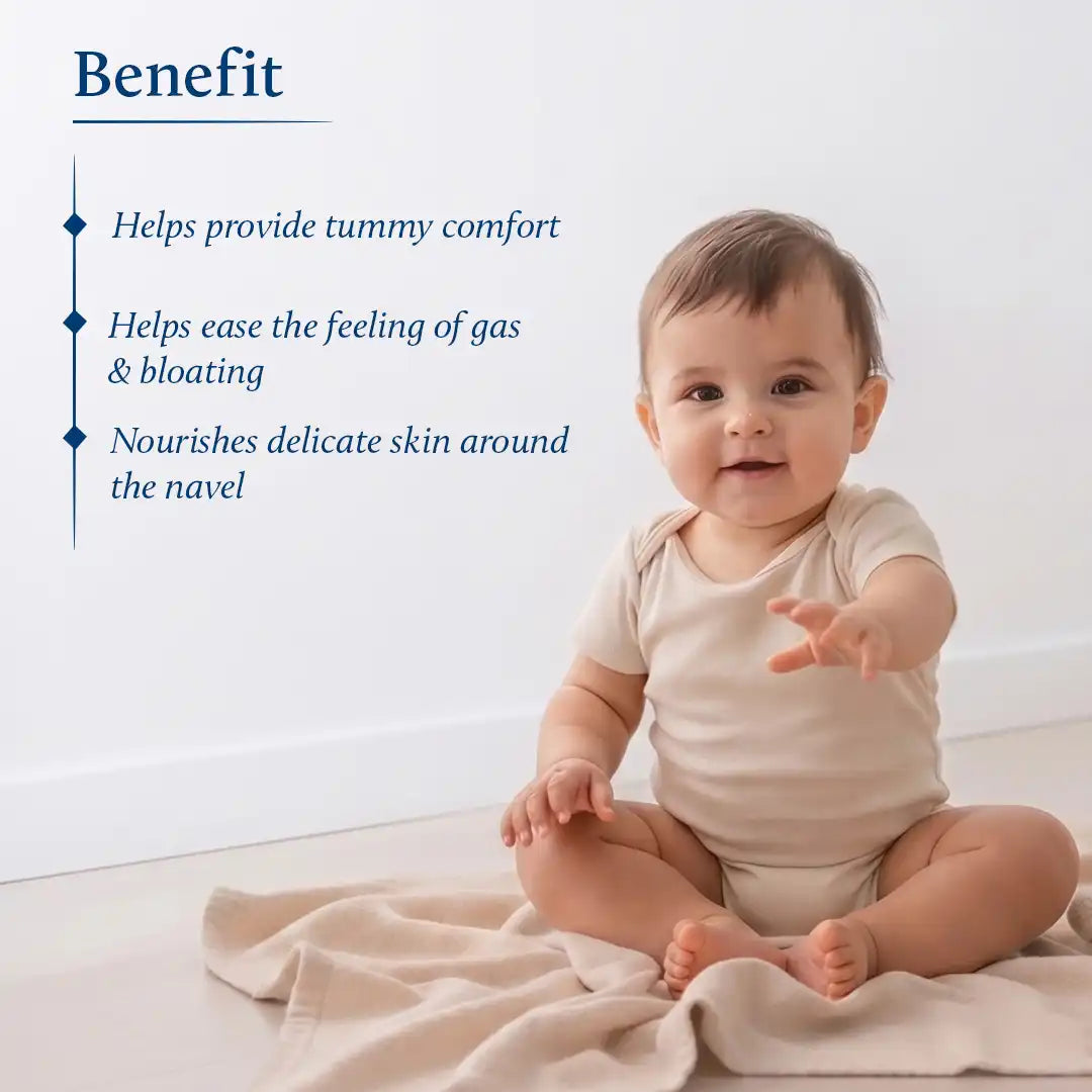 A baby sitting on a cream blanket on a light floor against a white wall, wearing a light beige short-sleeve bodysuit. On the left, text lists benefits including tummy comfort, gas and bloating relief, and skin nourishment.