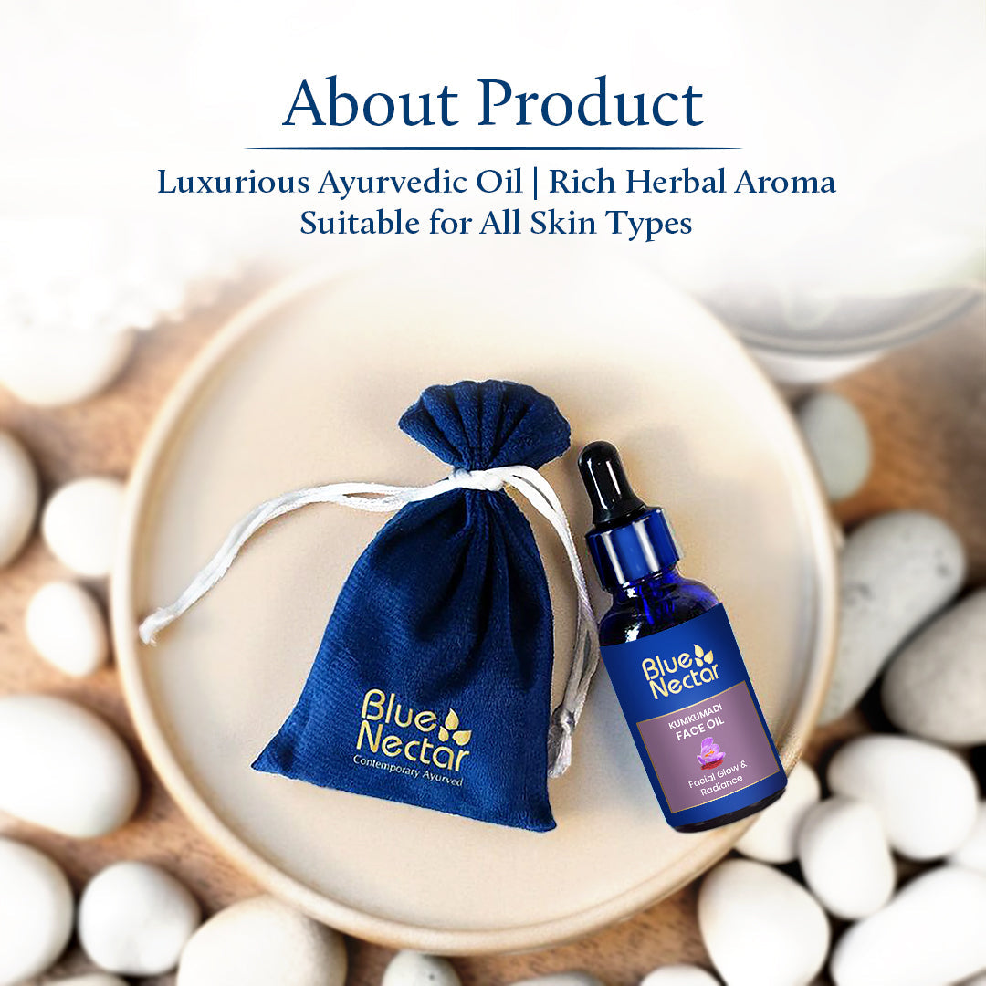 Kumkumadi Face Serum bottle packaged inside a cotton pouch, displayed with natural ingredients like flower petals and stones.