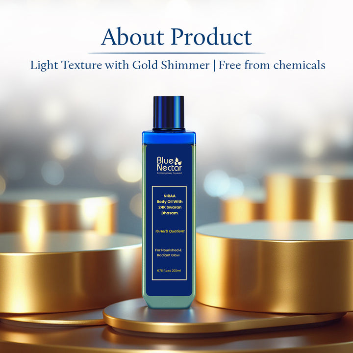 Gold body oil placed on golden pedestals, described as lightweight & free from chemicals