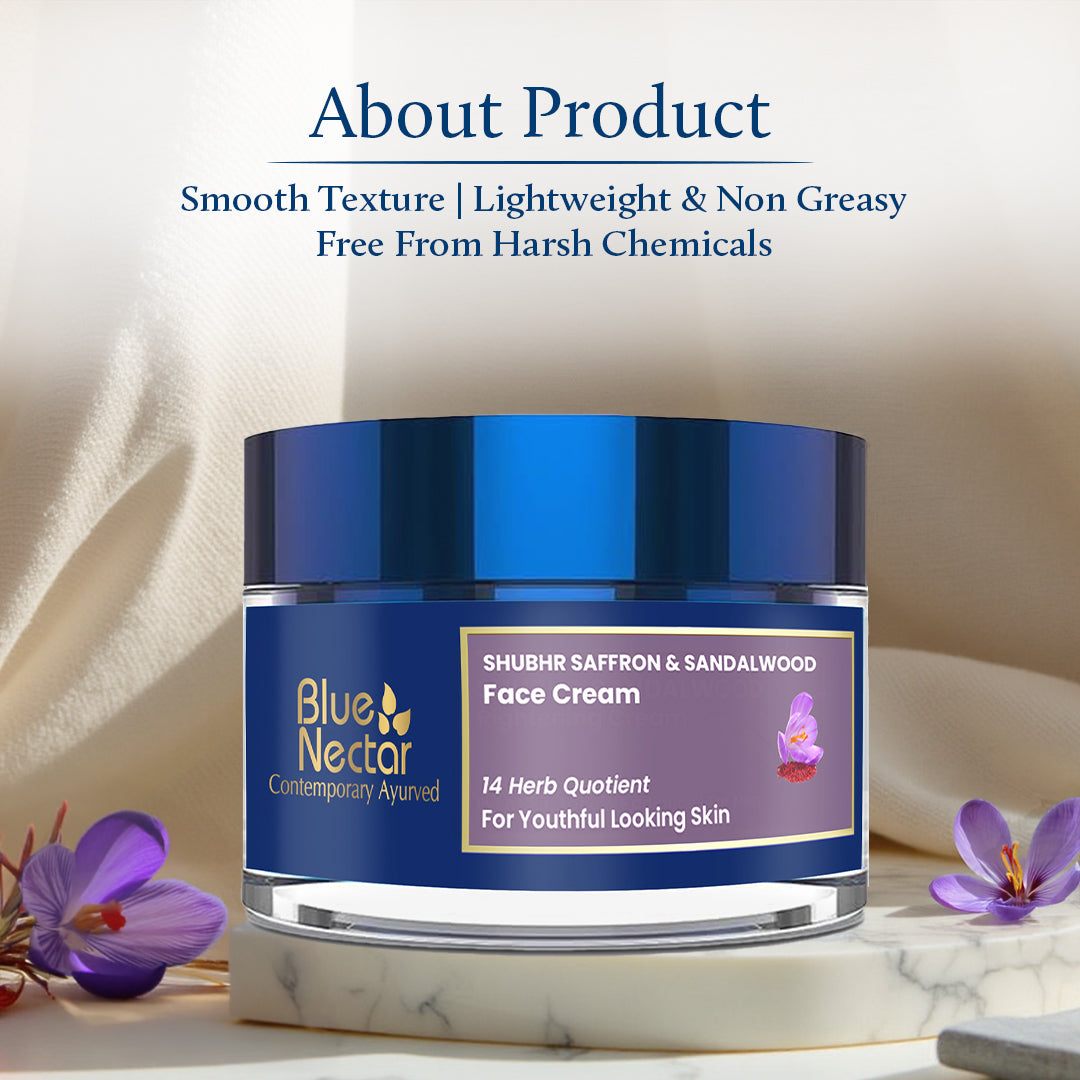 Blue Nectar Shubhr Saffron & Sandalwood Face Cream jar with purple flowers on a light background