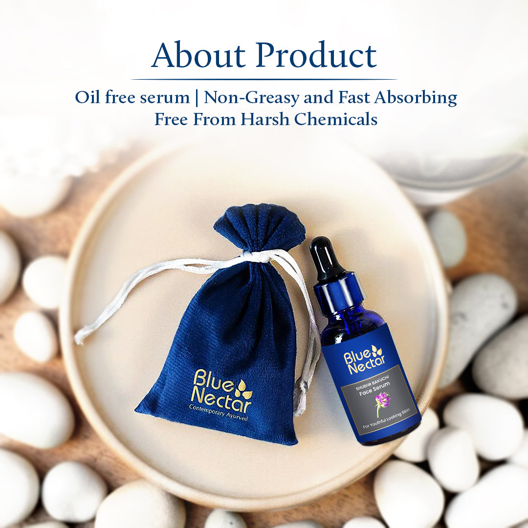 Bakuchi Face Serum bottle placed on white stones with product description