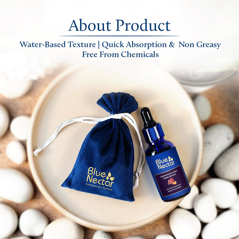 Plum Face Serum bottle placed on white stones with product description