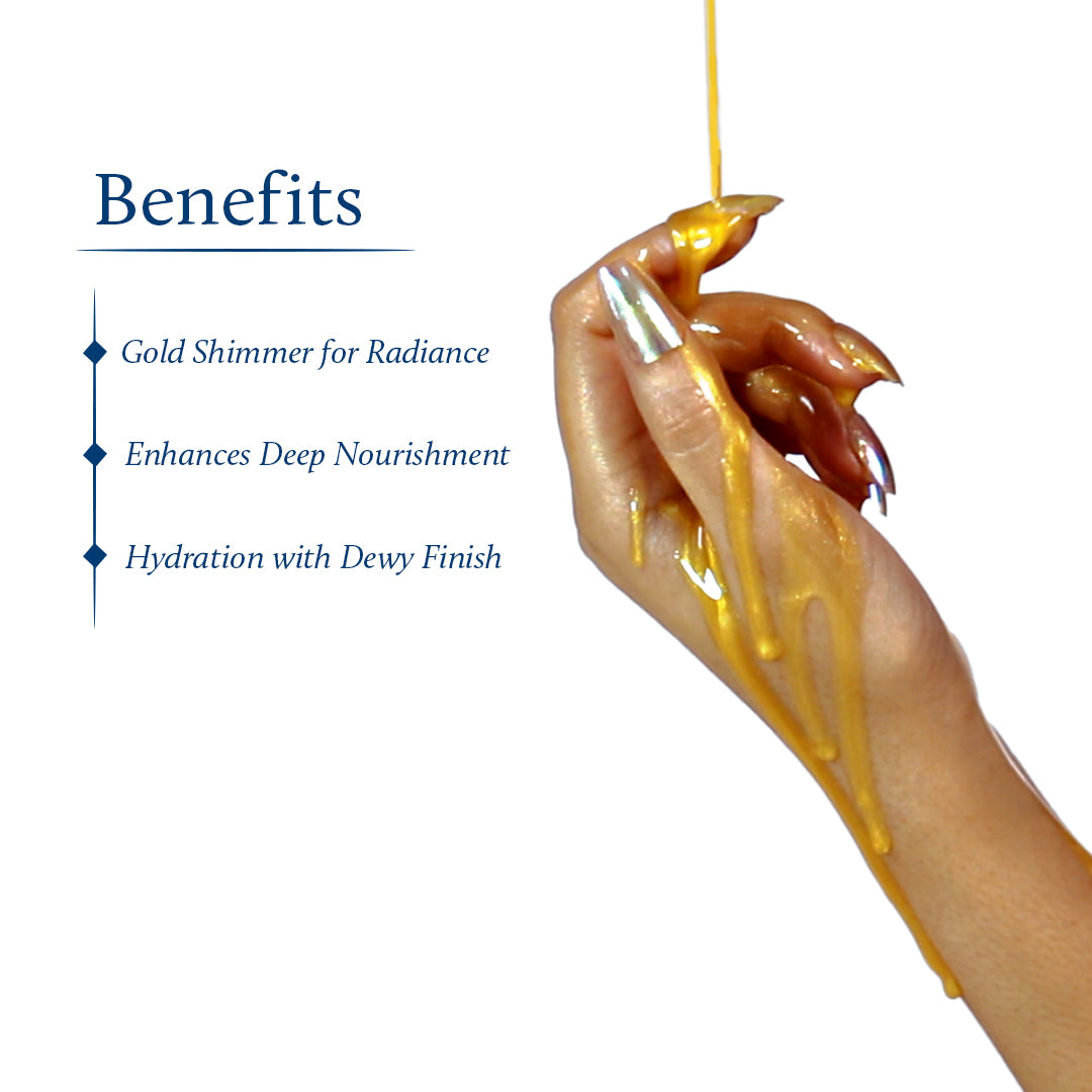 Hand drizzled with golden oil showcasing key benefits