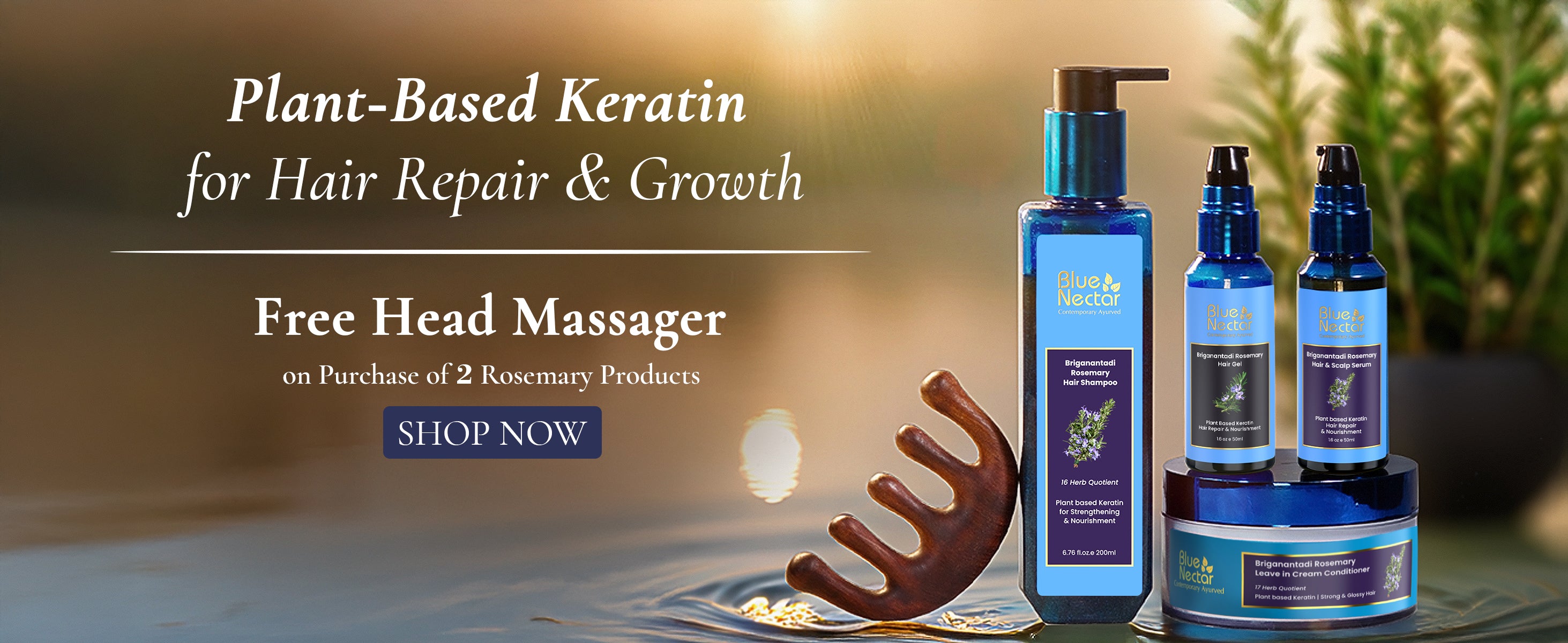 Rosemary plant-based keratin hair shampoo, serum, gel, and mask placed on water with a wooden comb beside them