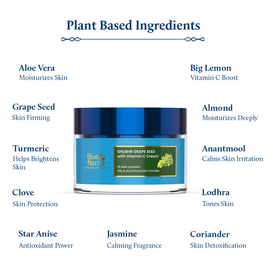 Shubhr Men's Grape Seed Plant Based Vitamin C Oil Free Face Cream For Oily & Acne Prone Skin (19 herbs, 50g)