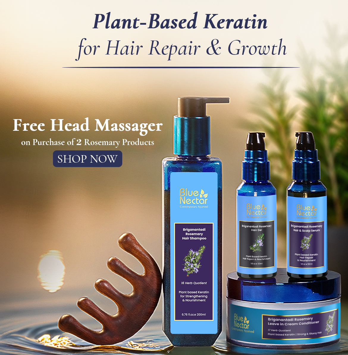 Rosemary hair shampoo, serum, gel, and mask placed on water with a wooden comb beside them