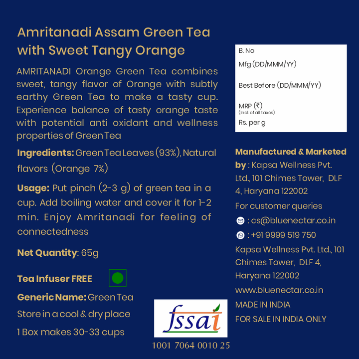 Orange Green Tea with Tangy Taste | Enriched with Natural Vitamin C | Free Tea Infuser (65gm | 33 cups)