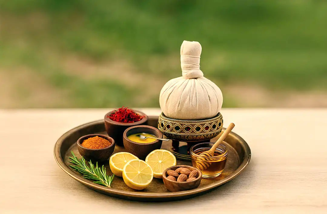 Traditional Ayurvedic treatment items including a herbal ball, lemons, honey, and spices on a tray with a blurred green background.