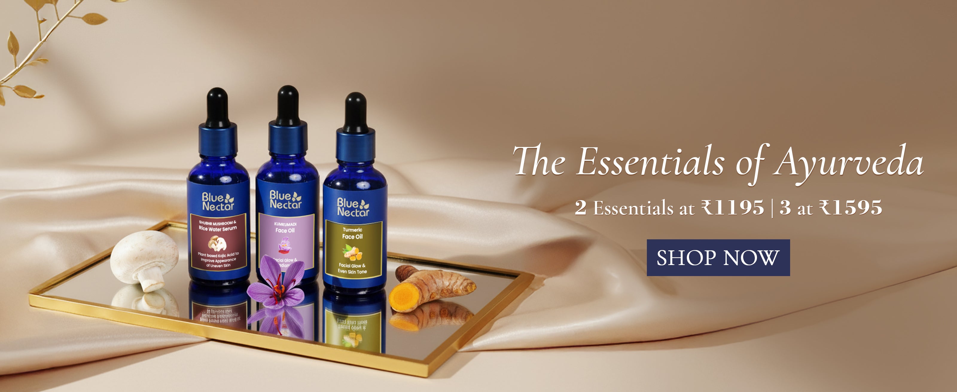 Three blue glass bottles with droppers on a reflective surface, labeled 'The Essentials of Ayurveda', with a beige background.