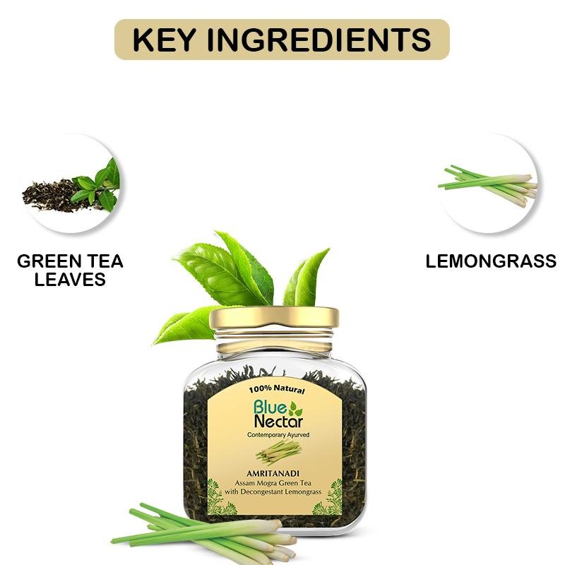 Amritanadi Assam Loose Green Tea Leaves with Decongestant Lemongrass. Good for slimming and common cold and flu