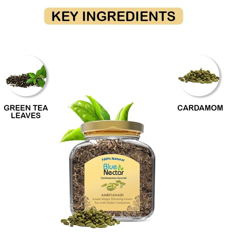 Amritanadi Assam Slimming Green Tea for Weight Loss with Idukki Cardamom (50+15 g | 33 cups) - Blue Nectar Products