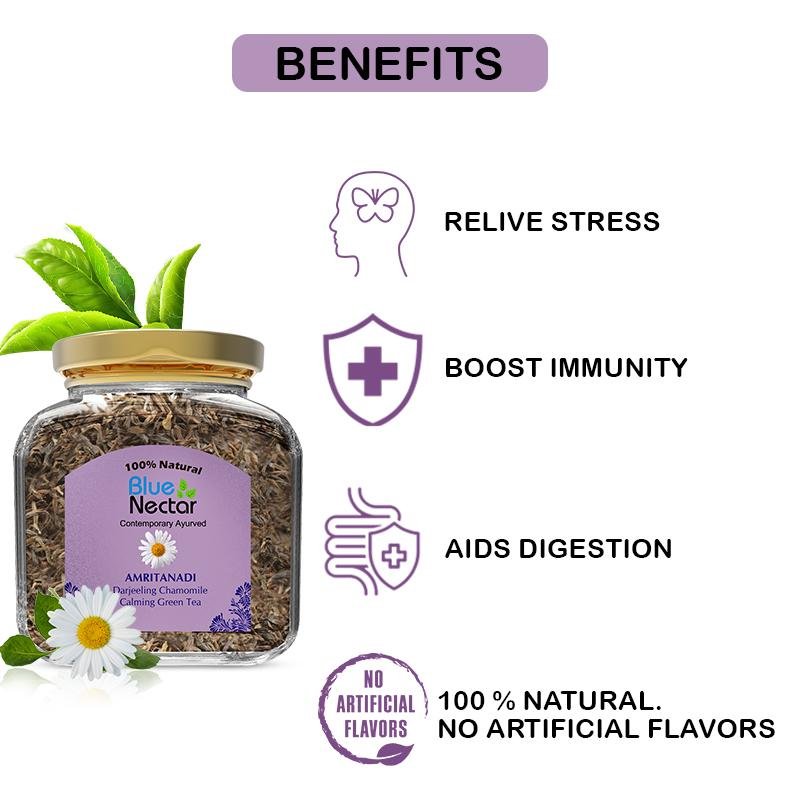 Amritanadi Darjeeling Chamomile Green Tea for Detox and Calmness (50g | 25 cups) - Blue Nectar Products