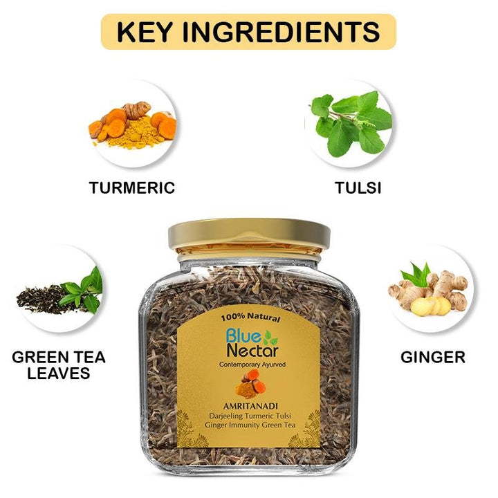 Amritanadi Darjeeling Immunity Booster Green Tea with Turmeric, Tulsi & Ginger (50g | 25 cups) - Blue Nectar Products