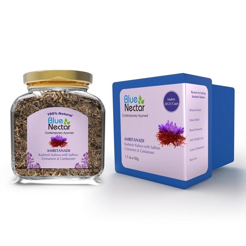 Amritanadi Royal Kashmiri Kahwa with Saffron, Cinnamon & Cardamom (50 g | 25 cups) - Blue Nectar Products